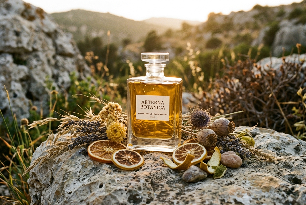 Aeterna Botanica crystal perfume bottle on natural limestone rock